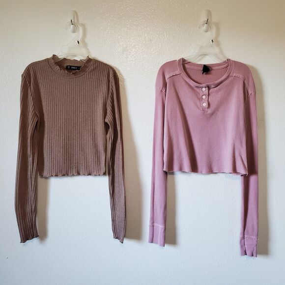 Long Sleeve Crop Top Womens XS/S Wild Fable Shein Pair 2 Pink Brown Waffle Knit - Picture 1 of 15